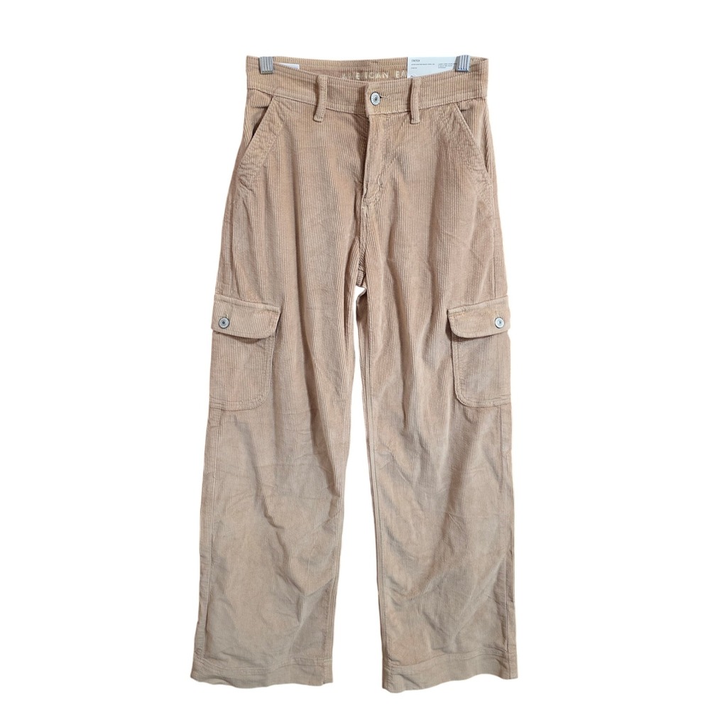 American Eagle Super High Rise Baggy Wide Leg Corduroy Cargo Pants Tan 00